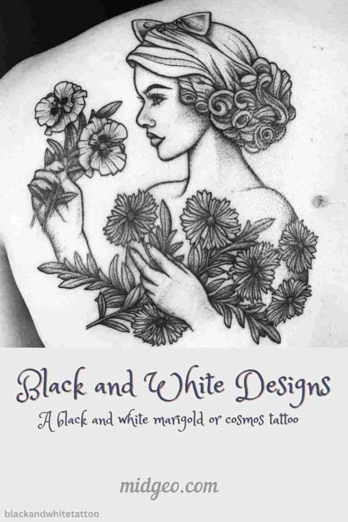 October Birth Flower Tattoos: Meaningful Designs for Every Personality 5 A black and white marigold or cosmos tattoo
