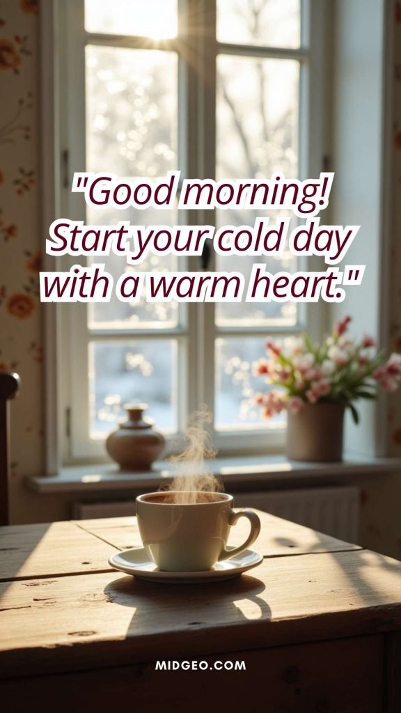 80 Heartwarming Winter Good Morning Quotes & Cold Day Wishes 3 A steaming mug of coffee surrounded by frosty windows
