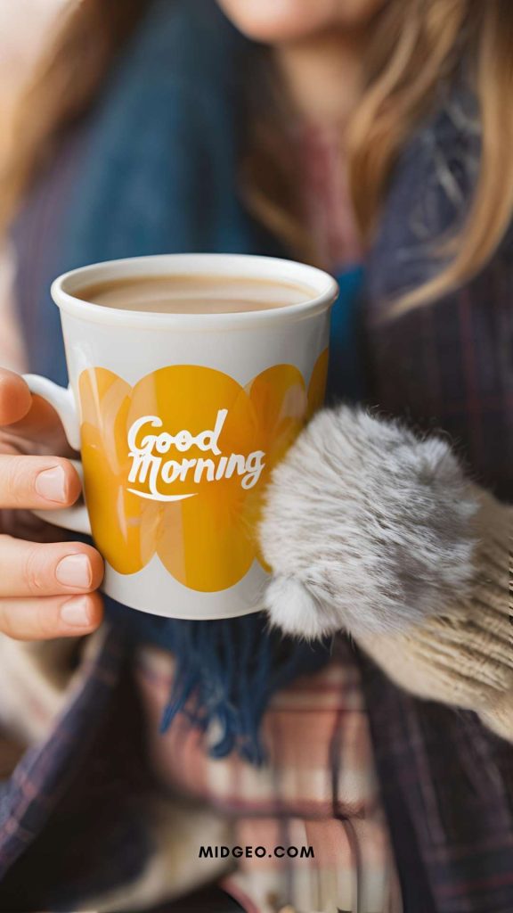 80 Heartwarming Winter Good Morning Quotes & Cold Day Wishes 6 Mittens holding a warm drink with Good Morning written