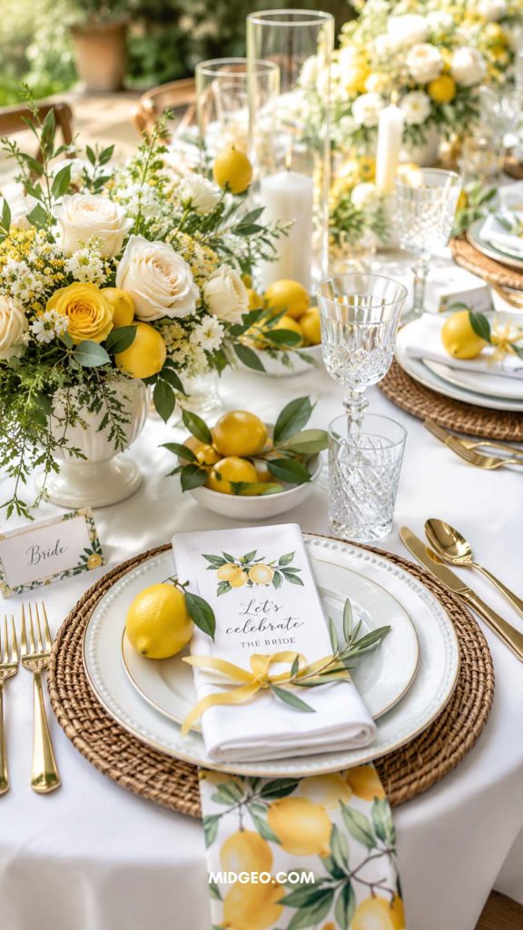 17 Stunning Lemon Bridal Shower Theme Ideas for a Fresh and Elegant Celebration 2 Elegant lemon bridal shower table setting with fresh lemons and flowers