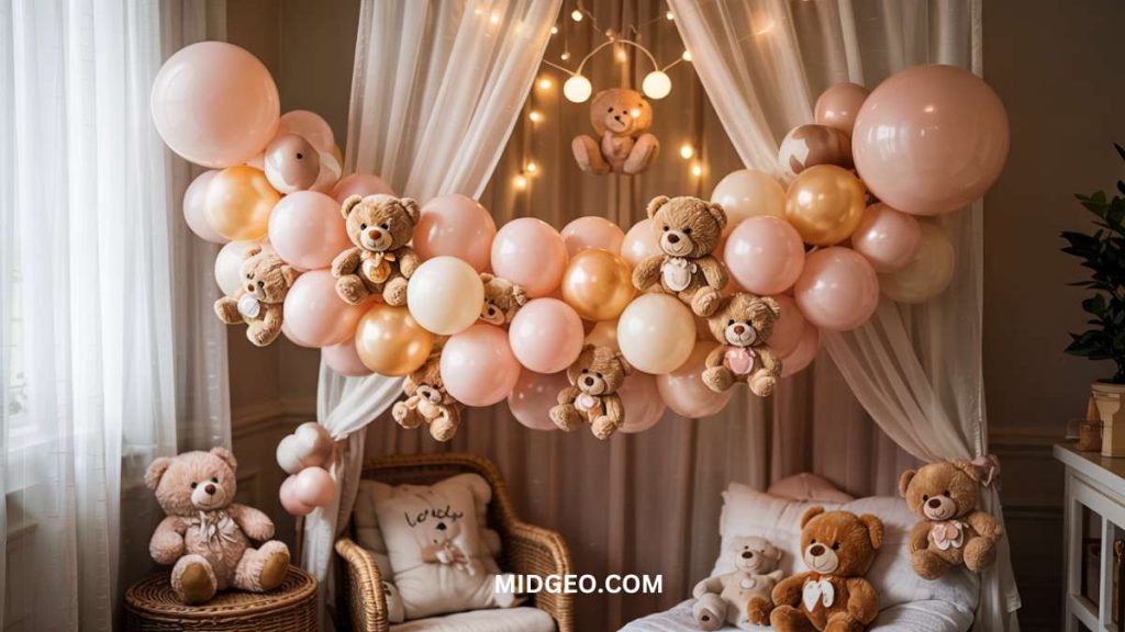 Sweet & Cuddly Teddy Bear Baby Shower Theme Ideas 2 Balloon Garland with Teddy Bear Accents