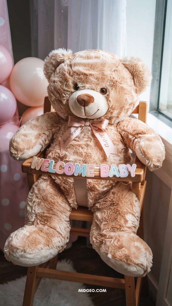 Sweet & Cuddly Teddy Bear Baby Shower Theme Ideas 3 Giant Stuffed Teddy Bears as Centerpieces