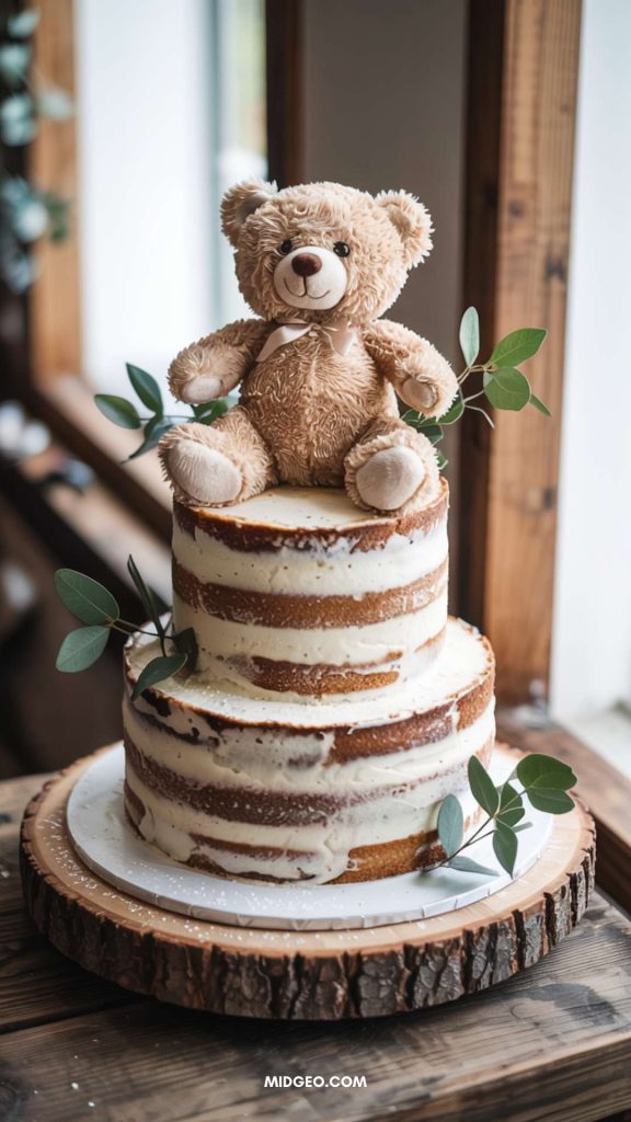 Sweet & Cuddly Teddy Bear Baby Shower Theme Ideas 6 Naked Cake with Teddy Bear Topper Elegant and Rustic