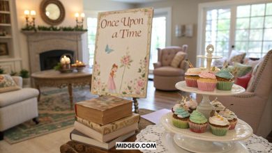 Book Themed Baby Shower Ideas (2025): Creative, Wholesome & Whimsical Party Inspiration 9 Whimsical book-themed baby shower setup with vintage storybooks, themed cupcakes, and a “Once Upon a Time” welcome sign — cozy indoor party decor 2025