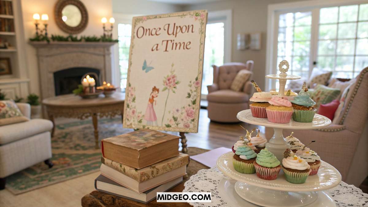 Whimsical book-themed baby shower setup with vintage storybooks, themed cupcakes, and a “Once Upon a Time” welcome sign — cozy indoor party decor 2025