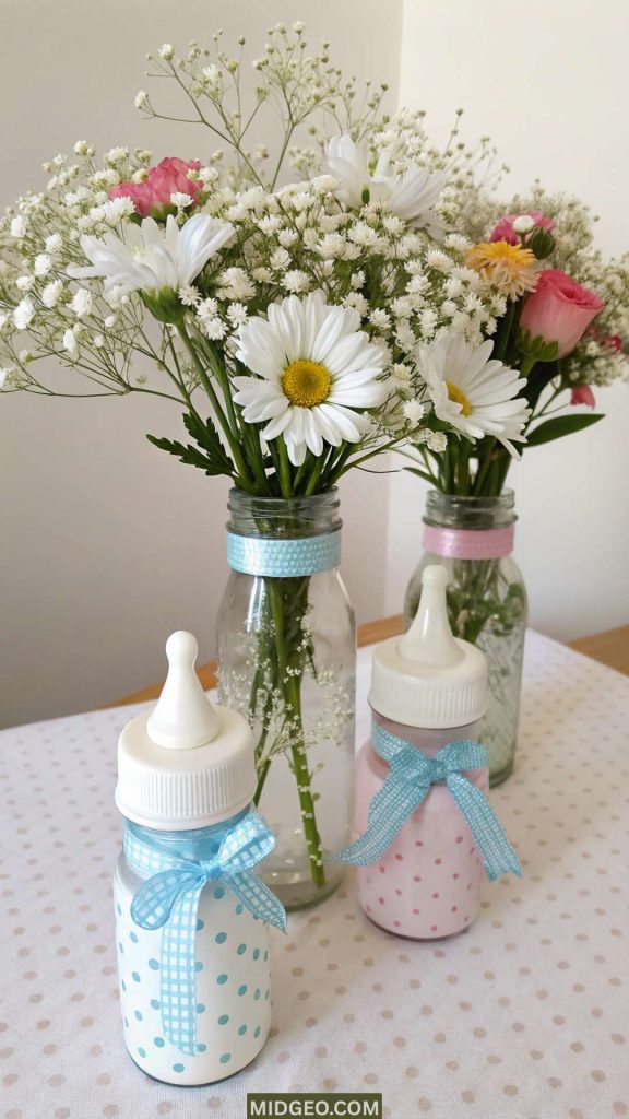 Baby Shower Centerpiece Ideas (2025): Elegant, Simple & Budget-Friendly Ideas for the Perfect Baby Shower Table 3 Floral Baby Shower Centerpieces Flower Bouquets in Baby Bottles