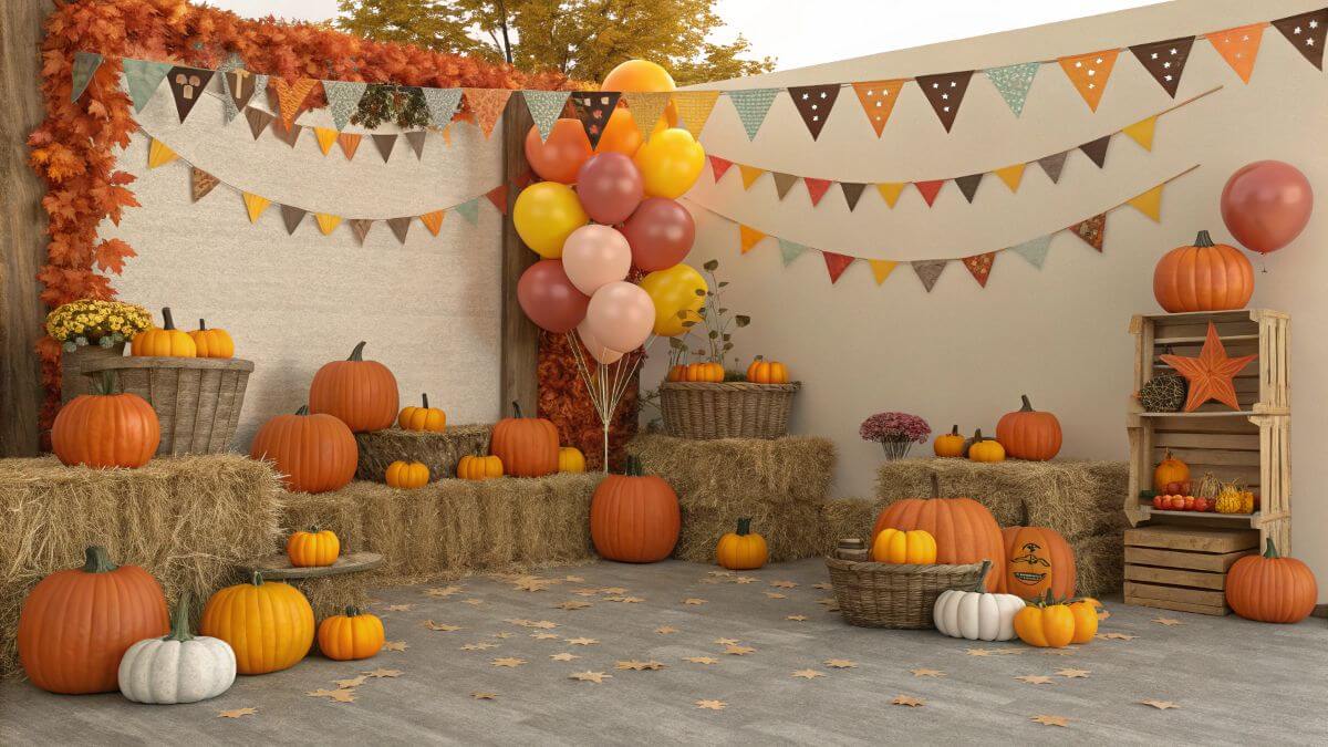Pumpkin Patch Birthday Party Ideas (2025) - Decorations, Games, Food & Fall Fun for Every Age 1 Pumpkin patch birthday party setup with hay bales, pumpkins, and festive fall decorations for kids (1)