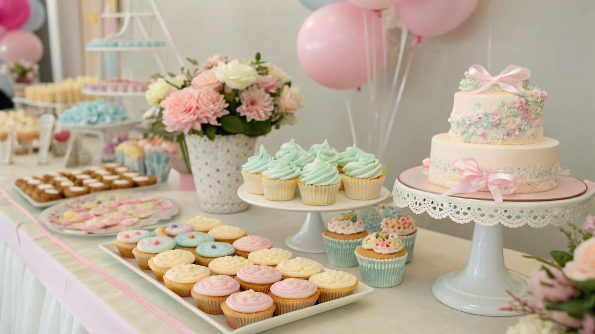 baby shower dessert table with cupcakes, cookies, and styled decorations
