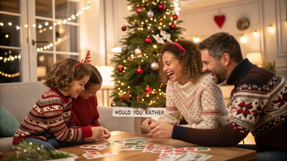 Would You Rather Christmas Edition (2025): 75+ Hilarious, Thought-Provoking & Family-Friendly Holiday Questions 1 family laughing playing would you rather christmas edition