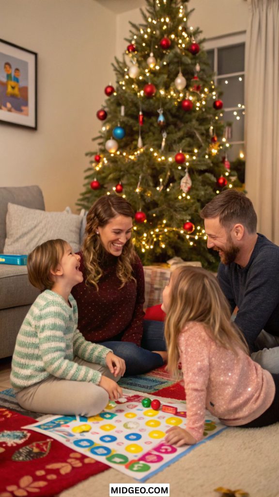 family sitting around Christmas tree playing party games