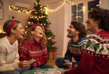 group laughing while playing most likely to Christmas edition