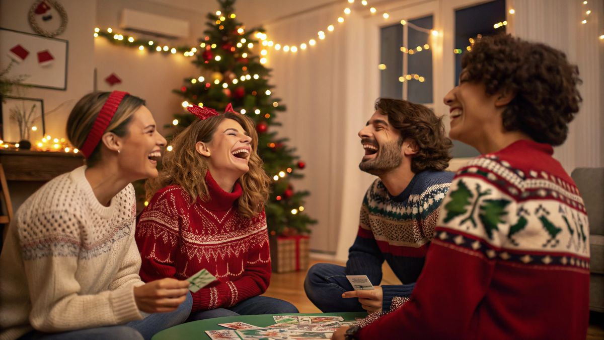 group laughing while playing most likely to Christmas edition
