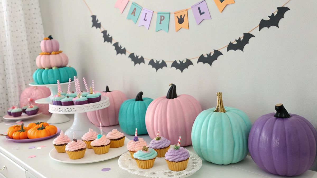 Halloween Birthday Party for Kids (2025): Cute-Not-Too-Scary Themes, DIY Decorations & Game Ideas on Any Budget 1 Kid-friendly Halloween birthday party table with pastel pumpkins, bat garlands, and themed cupcakes