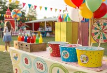 homemade carnival games for kids ring toss, balloon darts, and beanbag toss on colorful booth tables