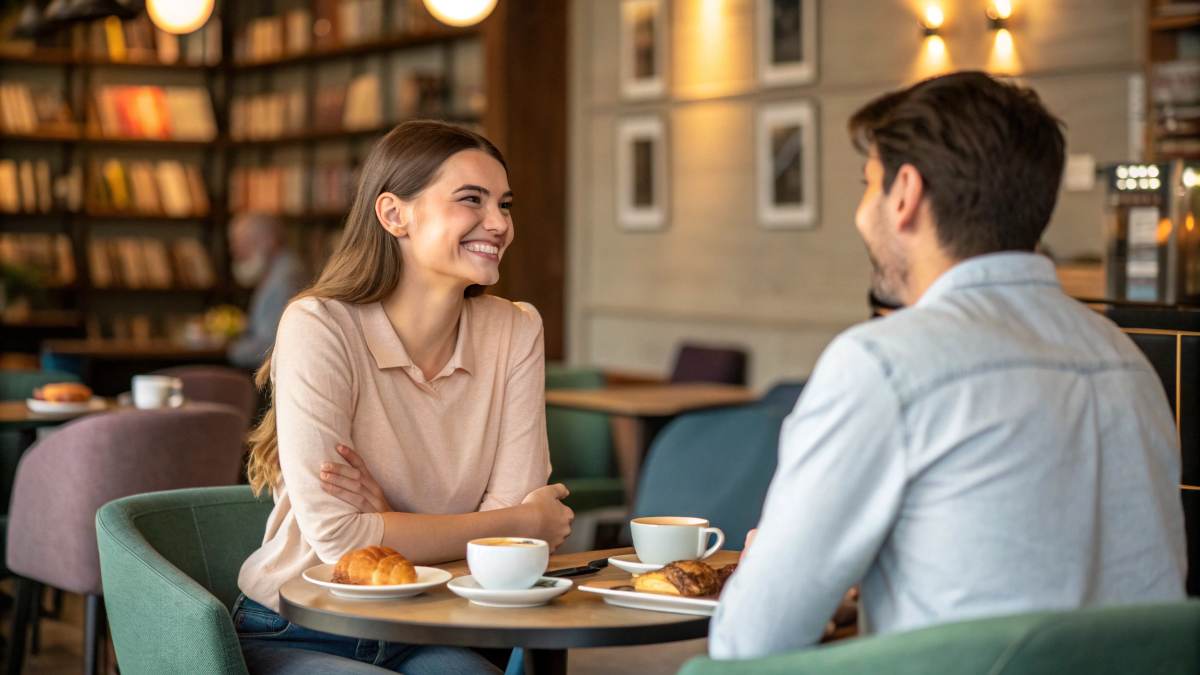 How to Start a Conversation with a Guy (2025): 50+ Openers, Text Prompts & Body-Language Tips That Actually Work 1 Confident woman starting a conversation with a guy at a coffee shop—open posture, warm smile, relaxed body language