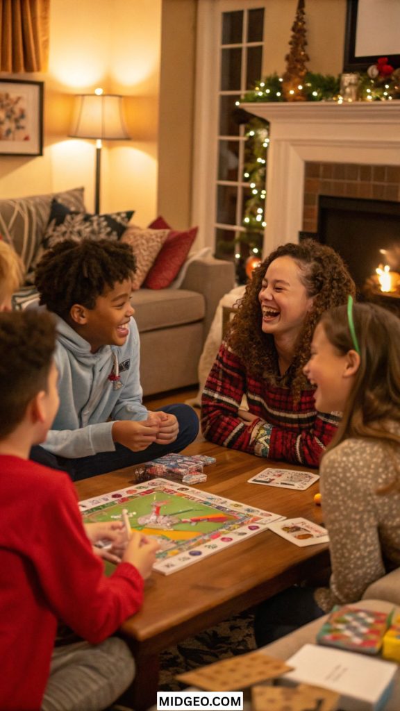 kids and adults laughing during holiday game night