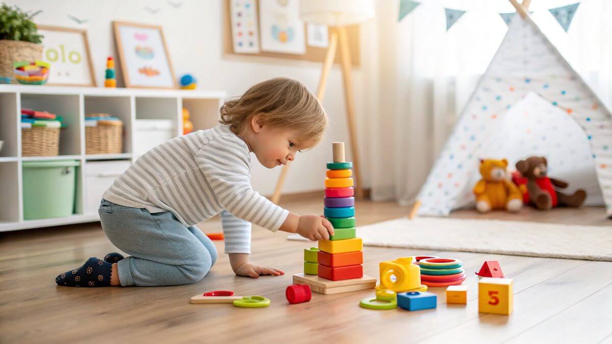 learning activities for toddlers Toddler playing with colorful learning blocks at home