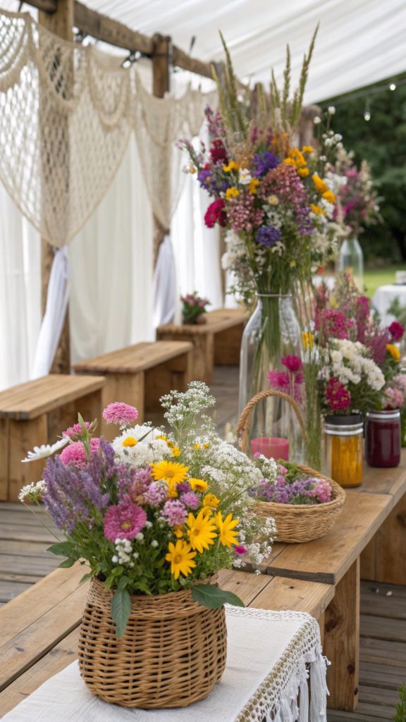 Wildflower Wedding Theme Ideas to Create a Boho, Seasonal Celebration Everyone Will Remember (2025) 2 colorful Spring Wildflower Wedding centerpieces and boho décor
