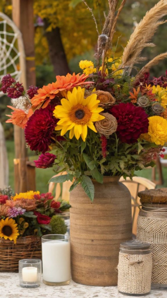 Wildflower Wedding Theme Ideas to Create a Boho, Seasonal Celebration Everyone Will Remember (2025) 4 colorful fall wildflower wedding centerpieces and boho décor (1)