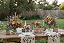 rustic outdoor table with colorful wildflower wedding centerpieces and boho décor