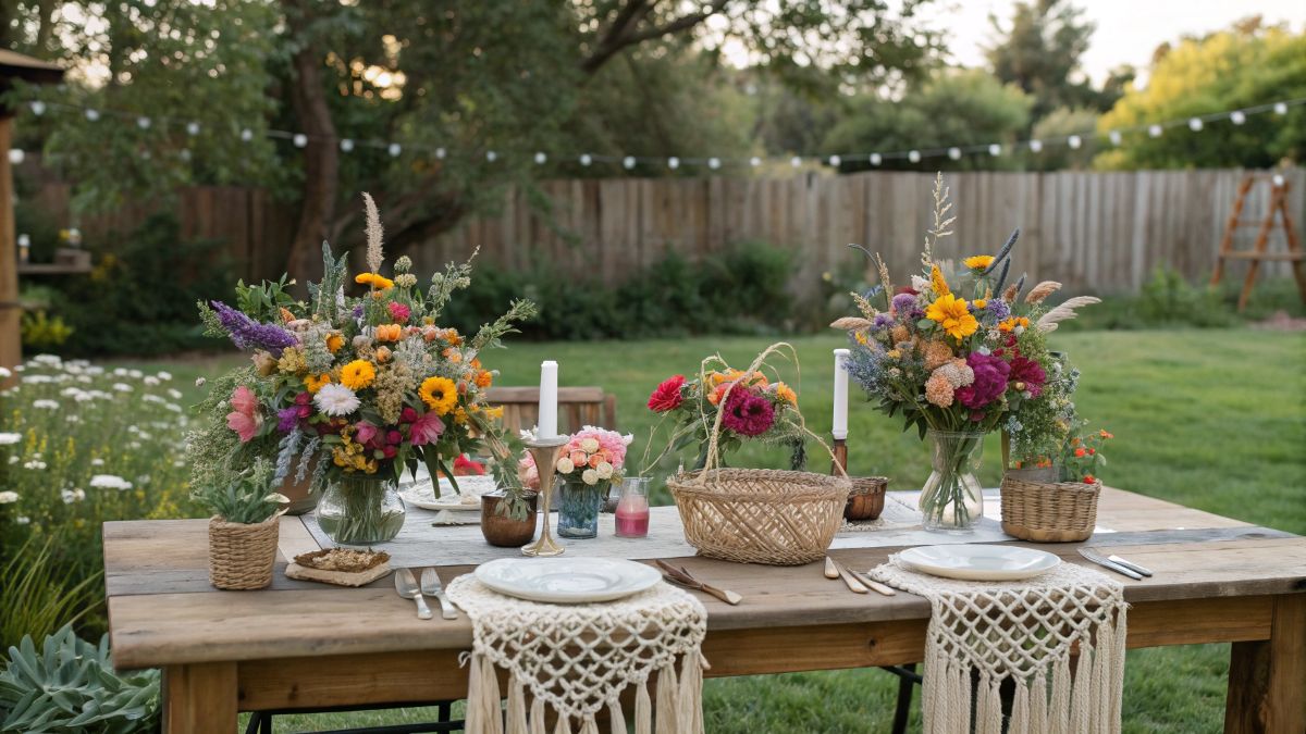 Wildflower Wedding Theme Ideas to Create a Boho, Seasonal Celebration Everyone Will Remember (2025) 1 rustic outdoor table with colorful wildflower wedding centerpieces and boho décor