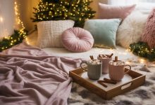 Aesthetic Christmas slumber party setup with cozy blankets, fairy lights, and hot cocoa