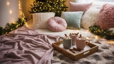 Aesthetic Christmas slumber party setup with cozy blankets, fairy lights, and hot cocoa