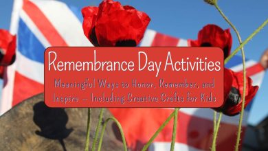 Children creating Remembrance Day crafts with red poppies and flags