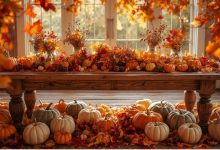 Cozy Thanksgiving baby shower setup with autumn leaves, pumpkins, and rustic table decor (1)
