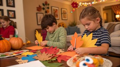 Kids making Thanksgiving crafts with paper turkeys, leaves, and pumpkins