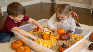 27 Thanksgiving Sensory Bin Ideas for Kids: Creative, Mess-Free Playtime Fun to Spark Holiday Joy (2025 Edition) 3 Kids playing with a Thanksgiving sensory bin filled with corn kernels mini pumpkins and turkey toys
