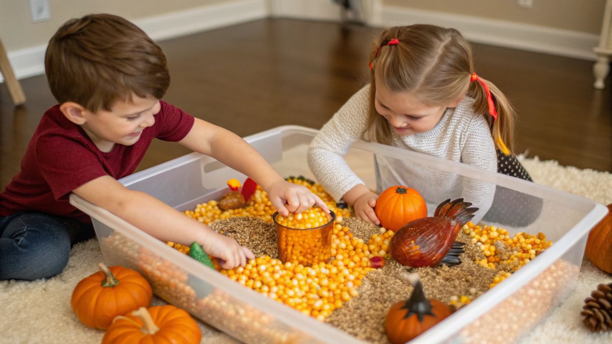 27 Thanksgiving Sensory Bin Ideas for Kids: Creative, Mess-Free Playtime Fun to Spark Holiday Joy (2025 Edition) 1 Kids playing with a Thanksgiving sensory bin filled with corn kernels mini pumpkins and turkey toys