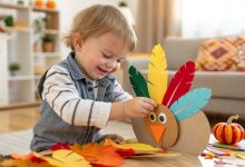 Smiling toddler making a paper turkey craft with colorful feathers for Thanksgiving