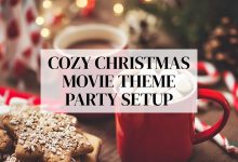 Cozy Christmas movie theme party setup with festive décor, snacks, and warm lighting