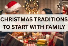 Family enjoying new Christmas traditions together by the tree