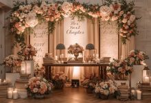 Her Next Chapter bridal shower setup with romantic book themed décor and blush florals