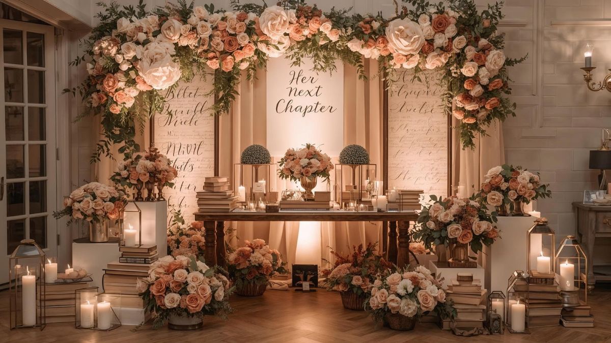 Her Next Chapter bridal shower setup with romantic book themed décor and blush florals