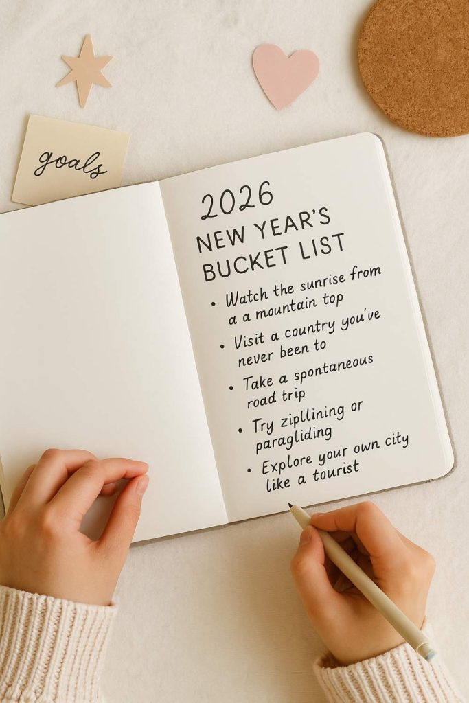 Person writing their 2026 New Years bucket list in a cute aesthetic journal