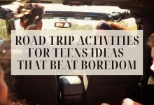 Teens enjoying fun road trip activities in the car
