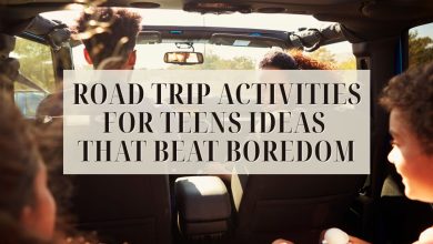 Teens enjoying fun road trip activities in the car