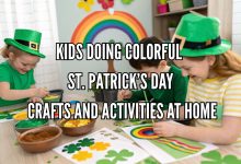 Kids doing colorful St Patricks Day crafts and activities at home