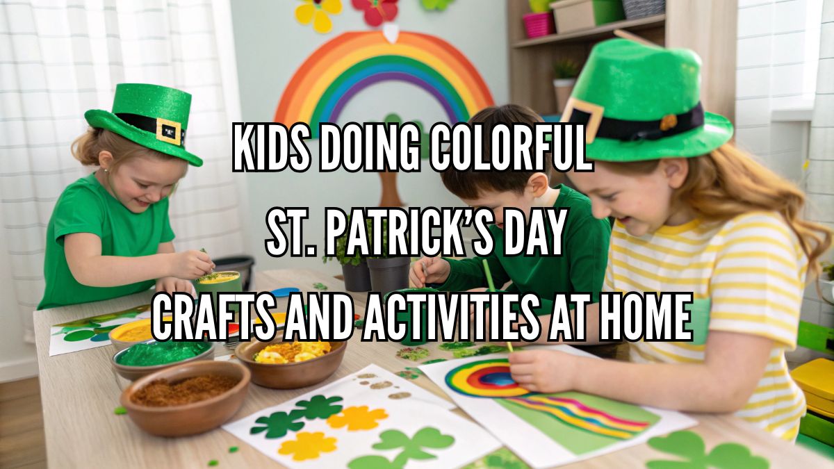 Kids doing colorful St Patricks Day crafts and activities at home