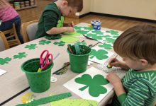 St patrick's day crafts for toddlers using shamrocks, green paper, and simple art supplies