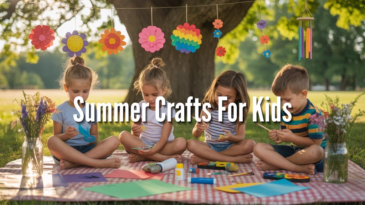 Kids enjoying colorful summer crafts outdoors with paper, paint, and DIY decorations