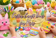 Kids making colorful Easter bunny and egg crafts at a bright spring craft table