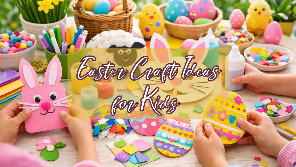 Kids making colorful Easter bunny and egg crafts at a bright spring craft table
