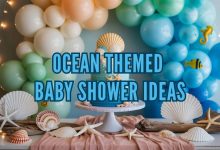 Ocean themed baby shower ideas decor with seashells balloons and blue cake