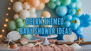 Ocean themed baby shower ideas decor with seashells balloons and blue cake