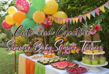 colorful Summer baby shower party setup with tropical decorations, fruit themed desserts, flowers, balloons, and outdoor garden table