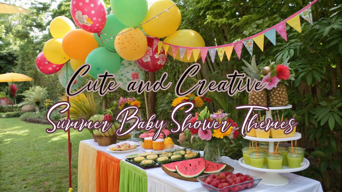 colorful Summer baby shower party setup with tropical decorations, fruit themed desserts, flowers, balloons, and outdoor garden table